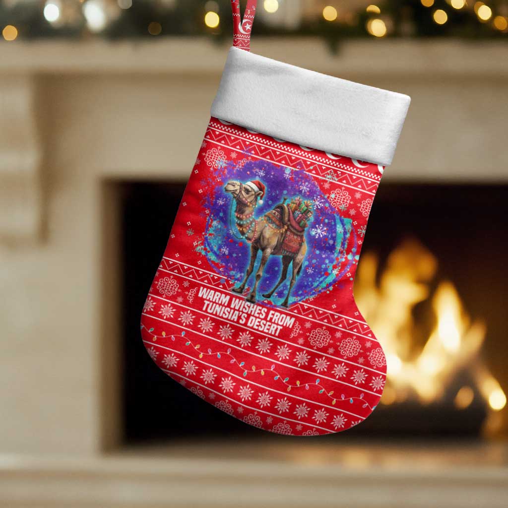 Tunisia Christmas Stocking with Desert Camel Crescent Snowflake Pattern and National Emblem - Wonder Print Shop
