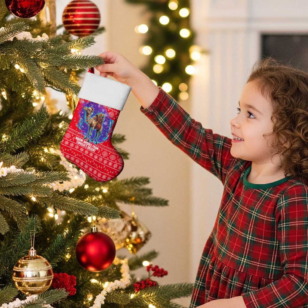 Tunisia Christmas Stocking with Desert Camel Crescent Snowflake Pattern and National Emblem - Wonder Print Shop