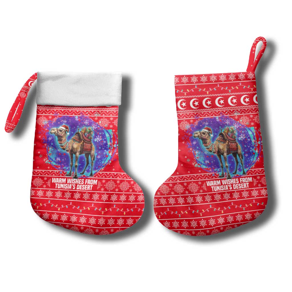 Tunisia Christmas Stocking with Desert Camel Crescent Snowflake Pattern and National Emblem - Wonder Print Shop