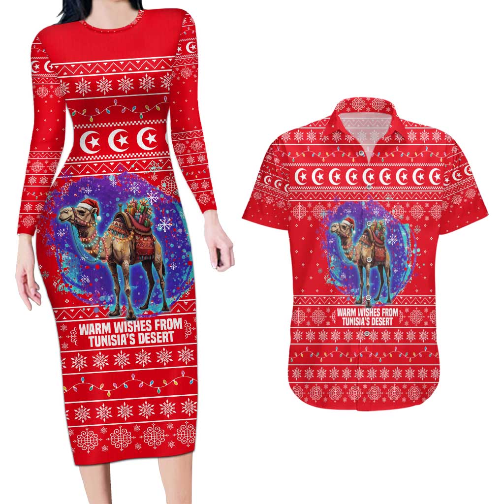 Tunisia Christmas Couples Matching Long Sleeve Bodycon Dress and Hawaiian Shirt with Desert Camel Crescent Snowflake Pattern and National Emblem - Wonder Print Shop