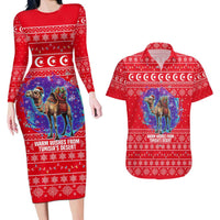 Tunisia Christmas Couples Matching Long Sleeve Bodycon Dress and Hawaiian Shirt with Desert Camel Crescent Snowflake Pattern and National Emblem - Wonder Print Shop