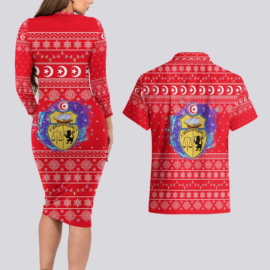 Tunisia Christmas Couples Matching Long Sleeve Bodycon Dress and Hawaiian Shirt with Desert Camel Crescent Snowflake Pattern and National Emblem - Wonder Print Shop