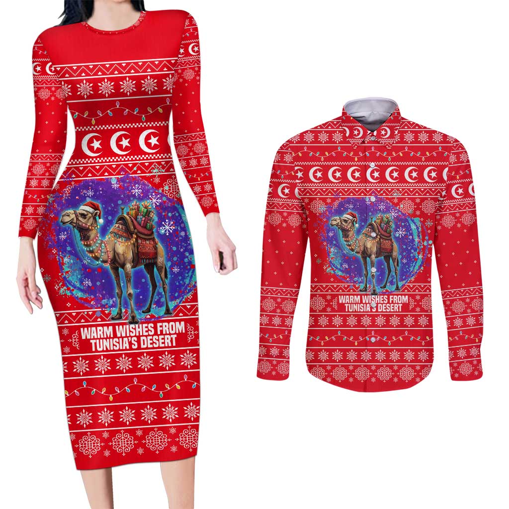 Tunisia Christmas Couples Matching Long Sleeve Bodycon Dress and Long Sleeve Button Shirt with Desert Camel Crescent Snowflake Pattern and National Emblem - Wonder Print Shop