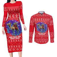 Tunisia Christmas Couples Matching Long Sleeve Bodycon Dress and Long Sleeve Button Shirt with Desert Camel Crescent Snowflake Pattern and National Emblem - Wonder Print Shop