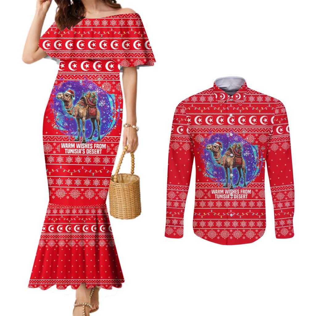 Tunisia Christmas Couples Matching Mermaid Dress and Long Sleeve Button Shirt with Desert Camel Crescent Snowflake Pattern and National Emblem - Wonder Print Shop