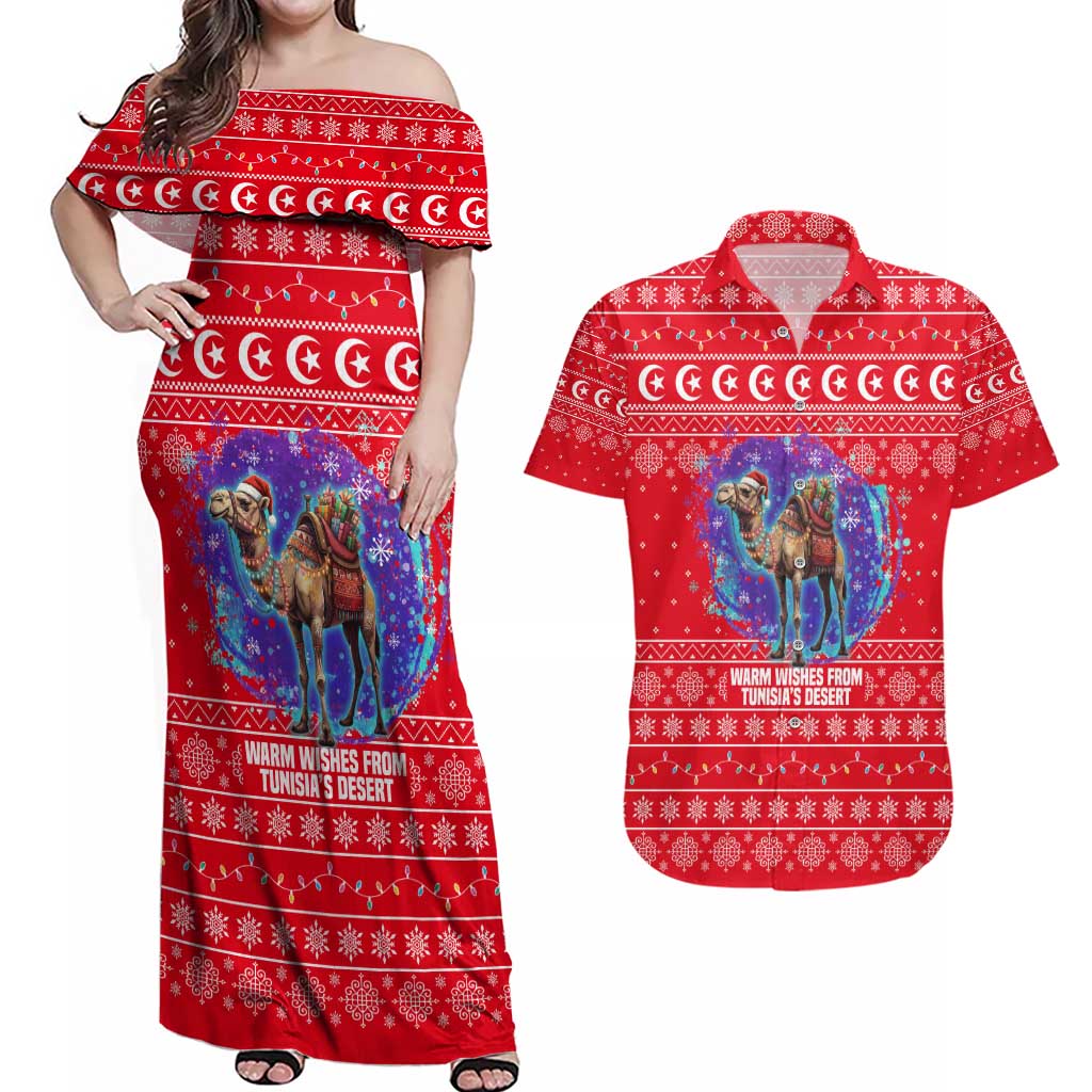 Tunisia Christmas Couples Matching Off Shoulder Maxi Dress and Hawaiian Shirt with Desert Camel Crescent Snowflake Pattern and National Emblem - Wonder Print Shop