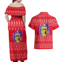 Tunisia Christmas Couples Matching Off Shoulder Maxi Dress and Hawaiian Shirt with Desert Camel Crescent Snowflake Pattern and National Emblem - Wonder Print Shop