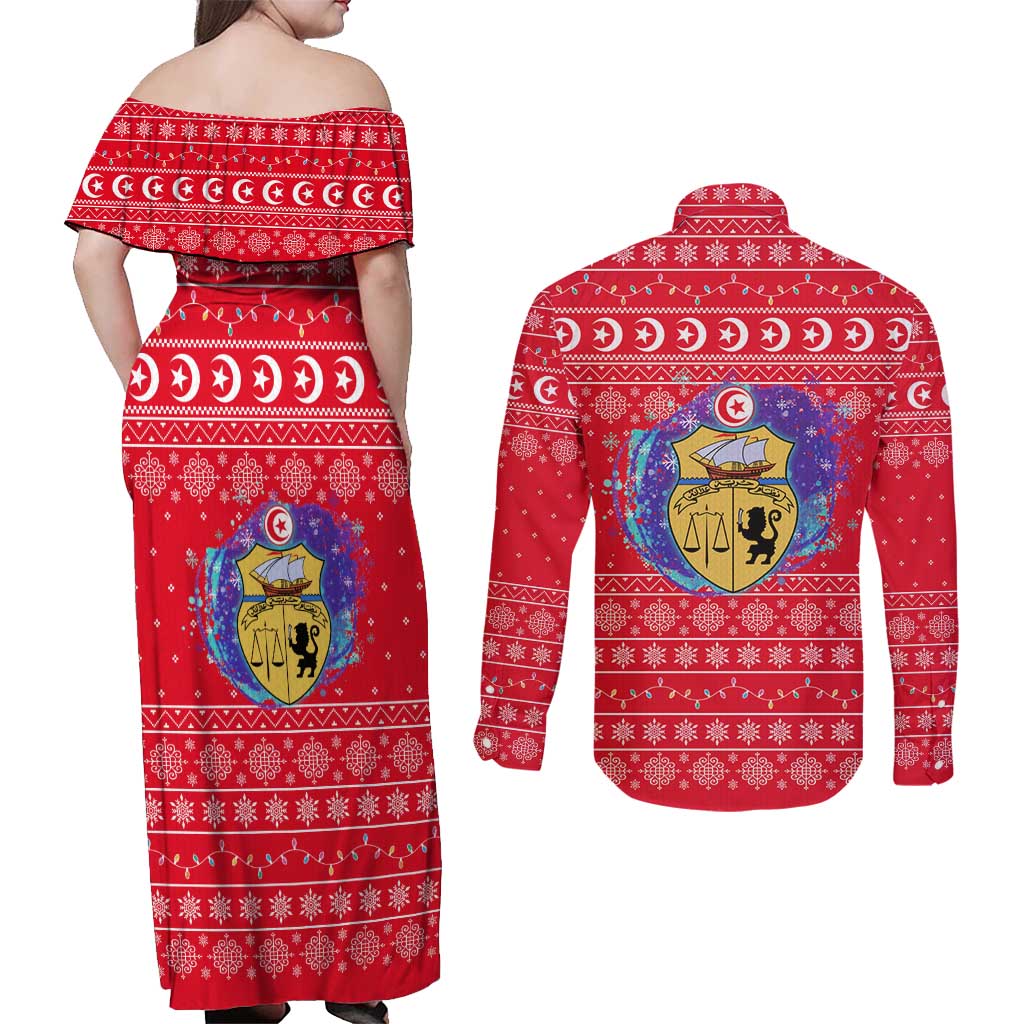 Tunisia Christmas Couples Matching Off Shoulder Maxi Dress and Long Sleeve Button Shirt with Desert Camel Crescent Snowflake Pattern and National Emblem - Wonder Print Shop