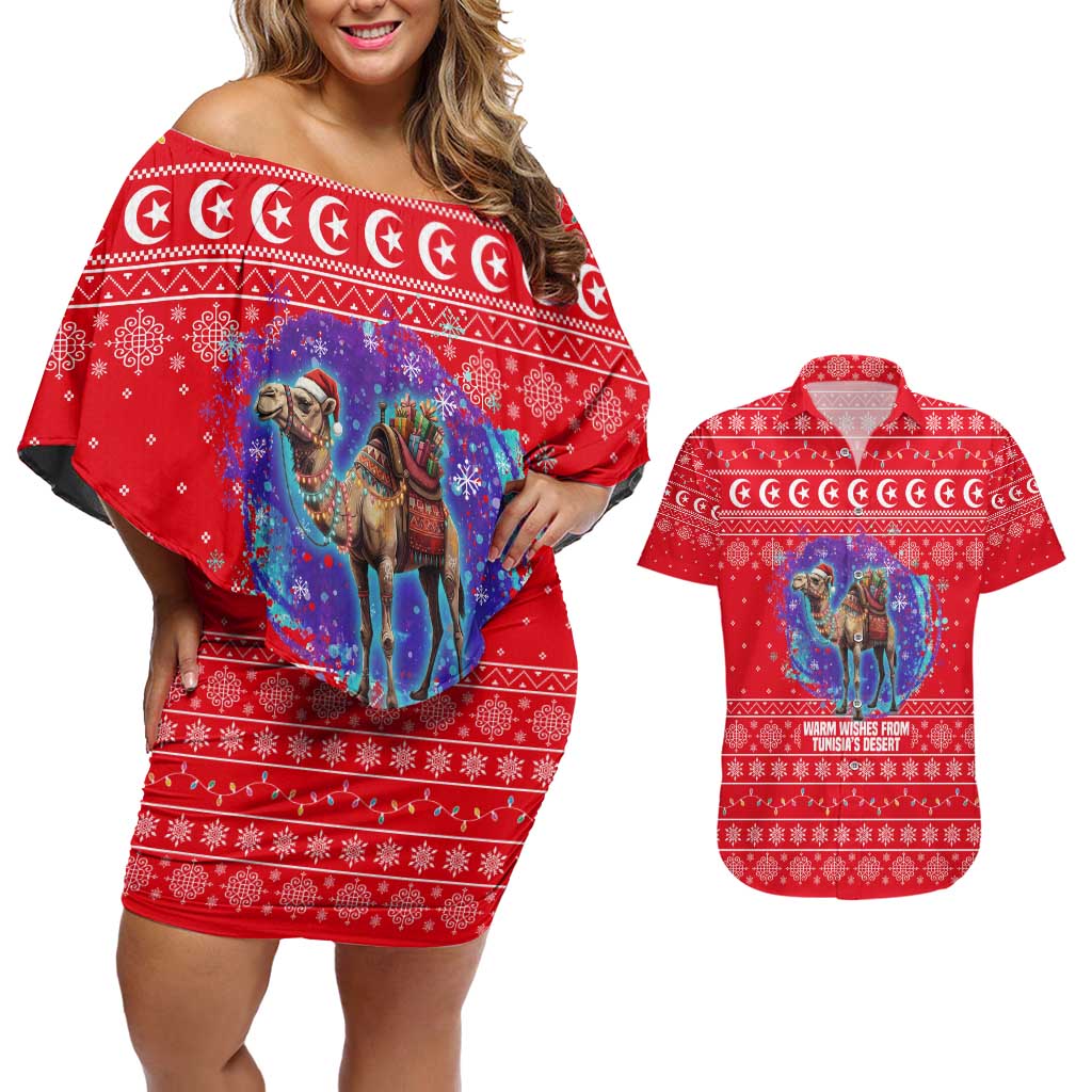 Tunisia Christmas Couples Matching Off Shoulder Short Dress and Hawaiian Shirt with Desert Camel Crescent Snowflake Pattern and National Emblem - Wonder Print Shop