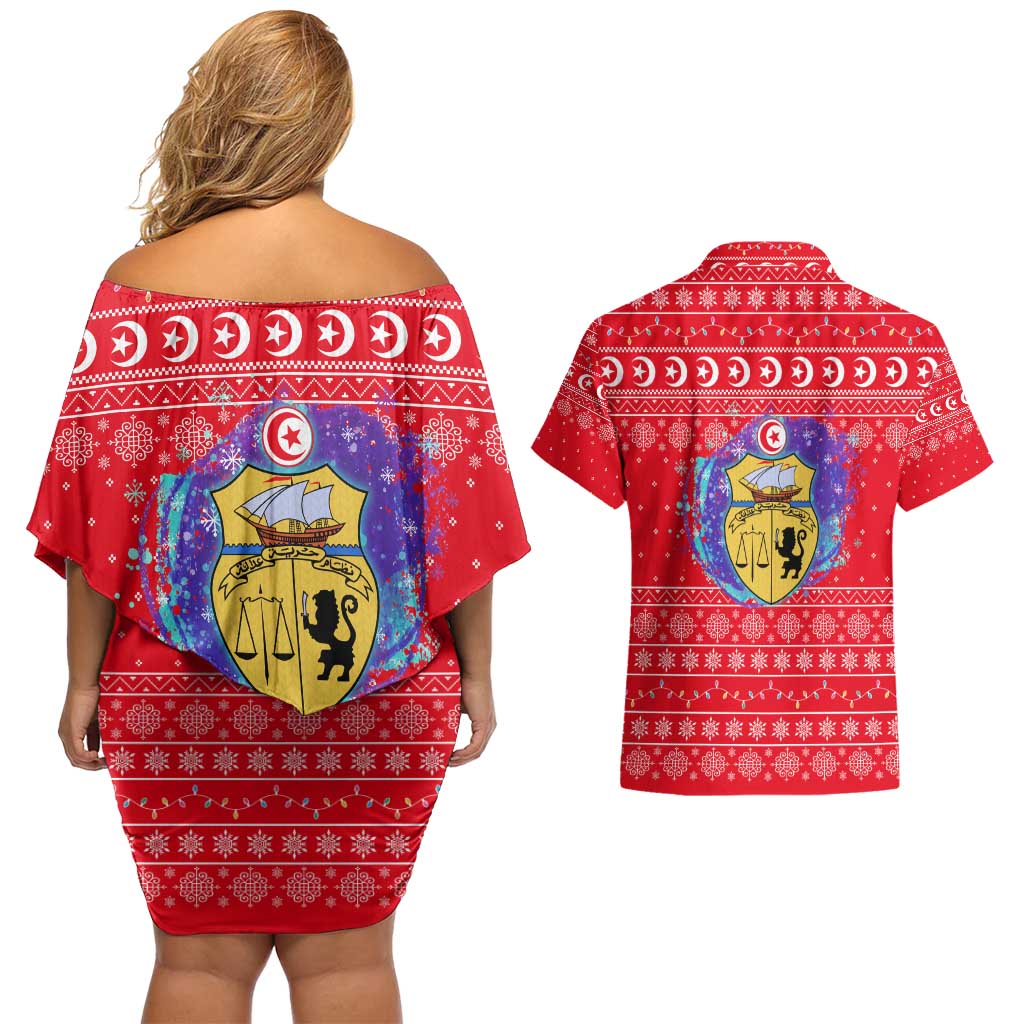 Tunisia Christmas Couples Matching Off Shoulder Short Dress and Hawaiian Shirt with Desert Camel Crescent Snowflake Pattern and National Emblem - Wonder Print Shop