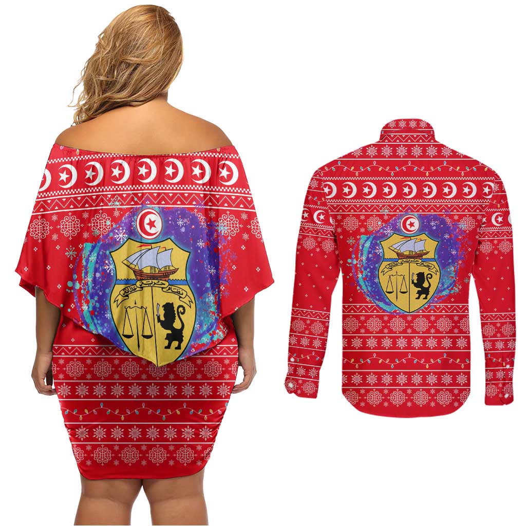 Tunisia Christmas Couples Matching Off Shoulder Short Dress and Long Sleeve Button Shirt with Desert Camel Crescent Snowflake Pattern and National Emblem - Wonder Print Shop