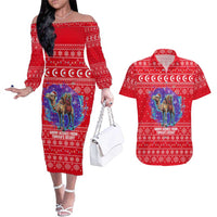 Tunisia Christmas Couples Matching Off The Shoulder Long Sleeve Dress and Hawaiian Shirt with Desert Camel Crescent Snowflake Pattern and National Emblem - Wonder Print Shop