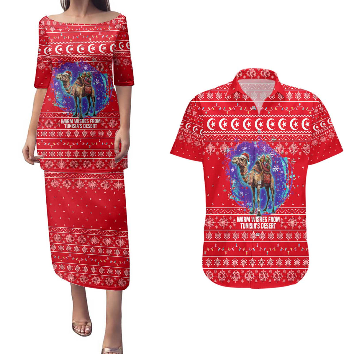 Tunisia Christmas Couples Matching Puletasi and Hawaiian Shirt with Desert Camel Crescent Snowflake Pattern and National Emblem - Wonder Print Shop