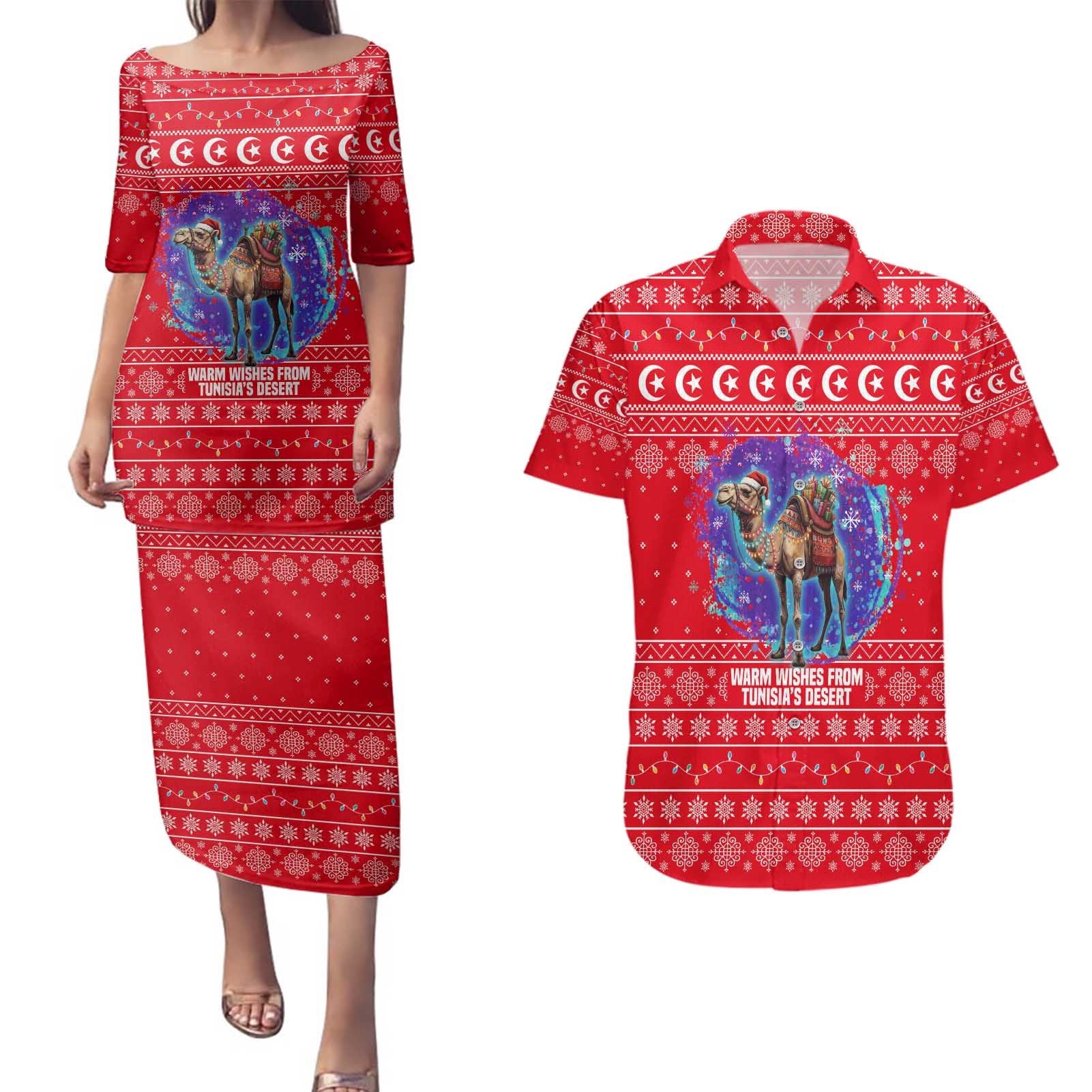 Tunisia Christmas Couples Matching Puletasi and Hawaiian Shirt with Desert Camel Crescent Snowflake Pattern and National Emblem - Wonder Print Shop