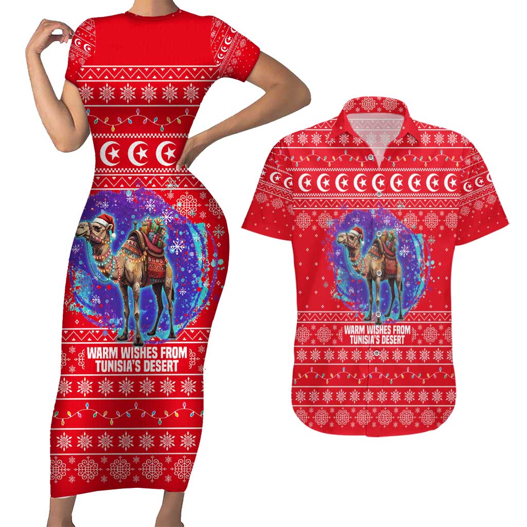 Tunisia Christmas Couples Matching Short Sleeve Bodycon Dress and Hawaiian Shirt with Desert Camel Crescent Snowflake Pattern and National Emblem - Wonder Print Shop
