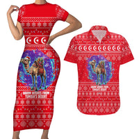 Tunisia Christmas Couples Matching Short Sleeve Bodycon Dress and Hawaiian Shirt with Desert Camel Crescent Snowflake Pattern and National Emblem - Wonder Print Shop
