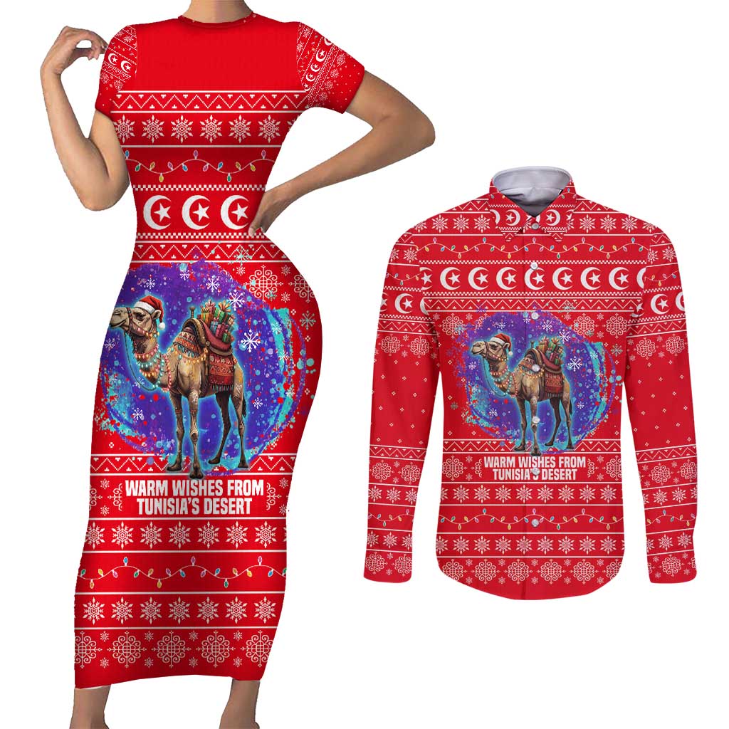 Tunisia Christmas Couples Matching Short Sleeve Bodycon Dress and Long Sleeve Button Shirt with Desert Camel Crescent Snowflake Pattern and National Emblem - Wonder Print Shop