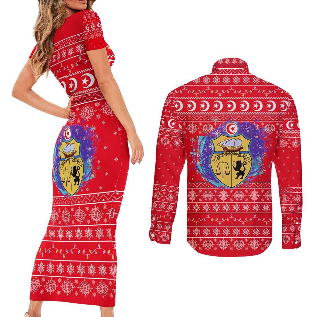 Tunisia Christmas Couples Matching Short Sleeve Bodycon Dress and Long Sleeve Button Shirt with Desert Camel Crescent Snowflake Pattern and National Emblem - Wonder Print Shop
