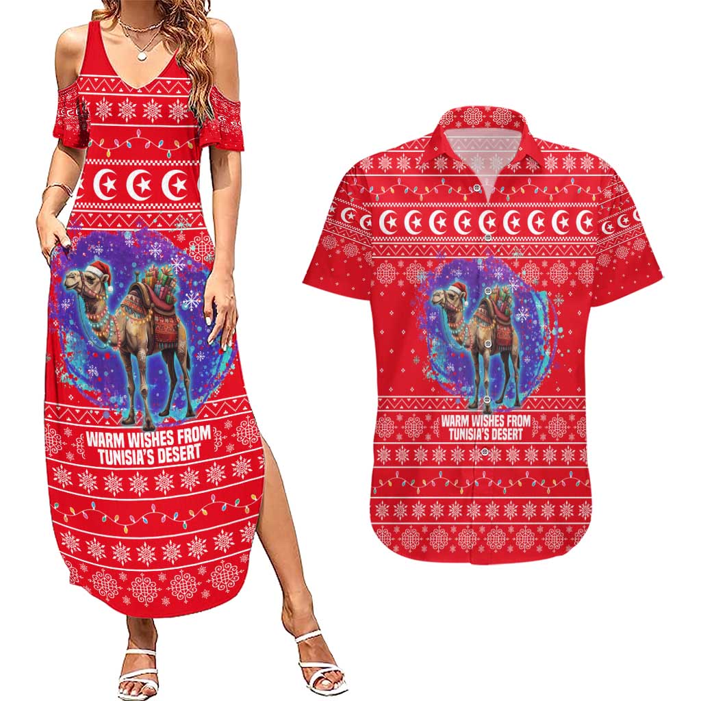 Tunisia Christmas Couples Matching Summer Maxi Dress and Hawaiian Shirt with Desert Camel Crescent Snowflake Pattern and National Emblem - Wonder Print Shop