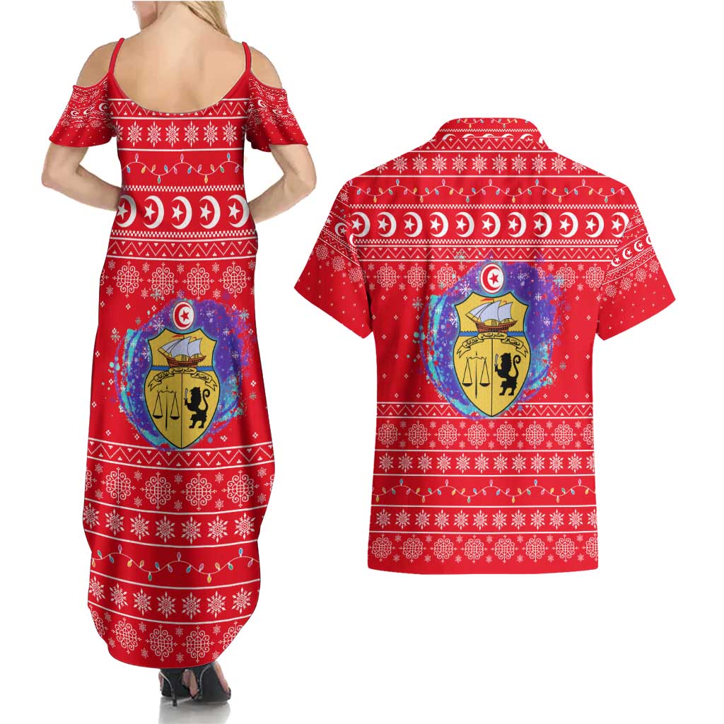 Tunisia Christmas Couples Matching Summer Maxi Dress and Hawaiian Shirt with Desert Camel Crescent Snowflake Pattern and National Emblem - Wonder Print Shop