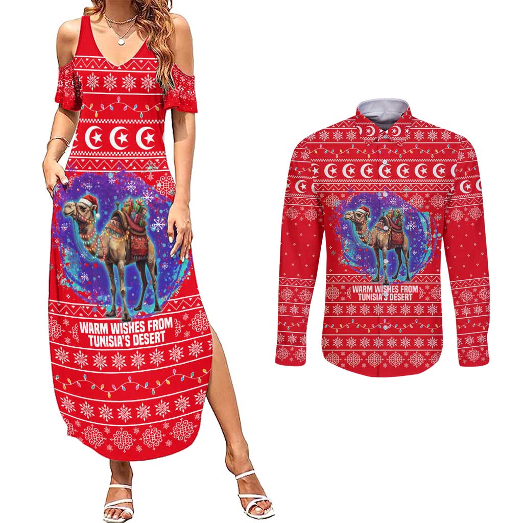 Tunisia Christmas Couples Matching Summer Maxi Dress and Long Sleeve Button Shirt with Desert Camel Crescent Snowflake Pattern and National Emblem - Wonder Print Shop