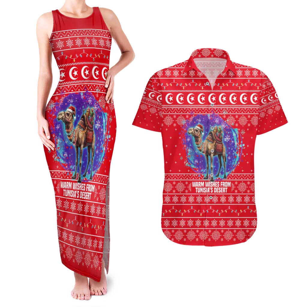 Tunisia Christmas Couples Matching Tank Maxi Dress and Hawaiian Shirt with Desert Camel Crescent Snowflake Pattern and National Emblem - Wonder Print Shop