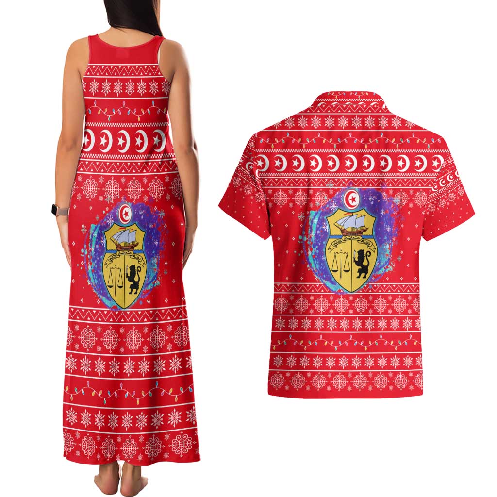 Tunisia Christmas Couples Matching Tank Maxi Dress and Hawaiian Shirt with Desert Camel Crescent Snowflake Pattern and National Emblem - Wonder Print Shop