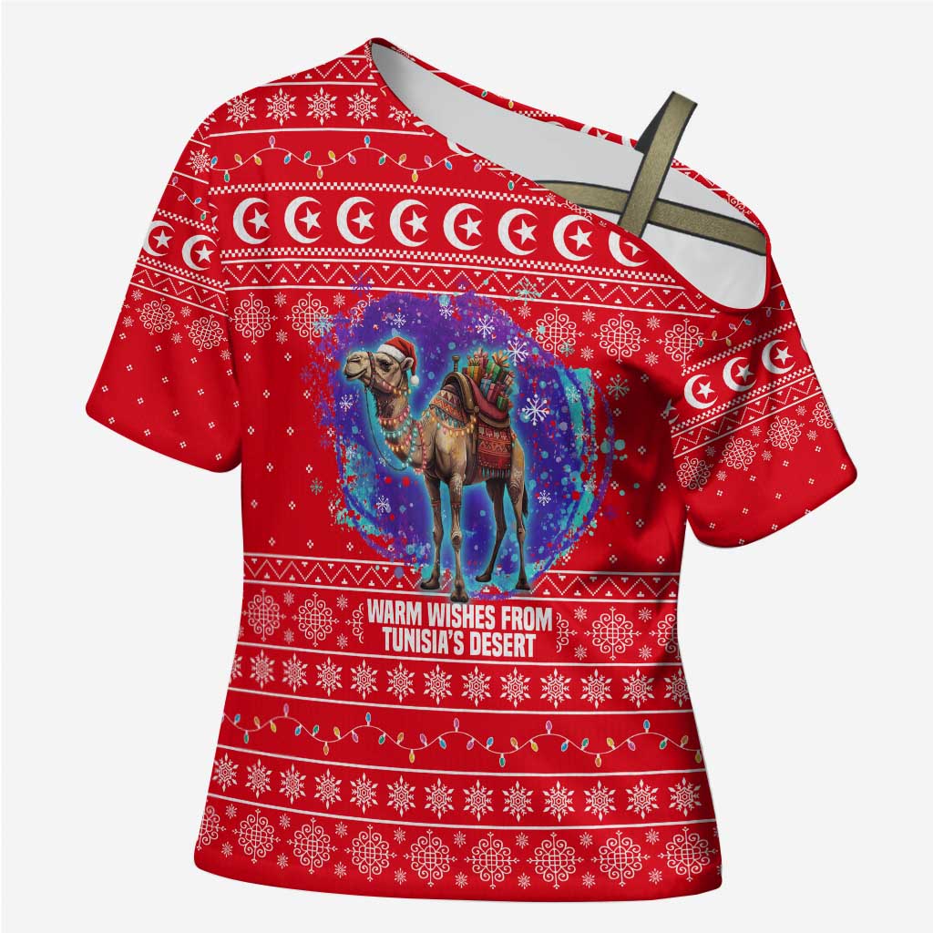 Tunisia Christmas Cross Shoulder Shirt with Desert Camel Crescent Snowflake Pattern and National Emblem - Wonder Print Shop