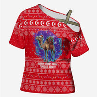 Tunisia Christmas Cross Shoulder Shirt with Desert Camel Crescent Snowflake Pattern and National Emblem - Wonder Print Shop