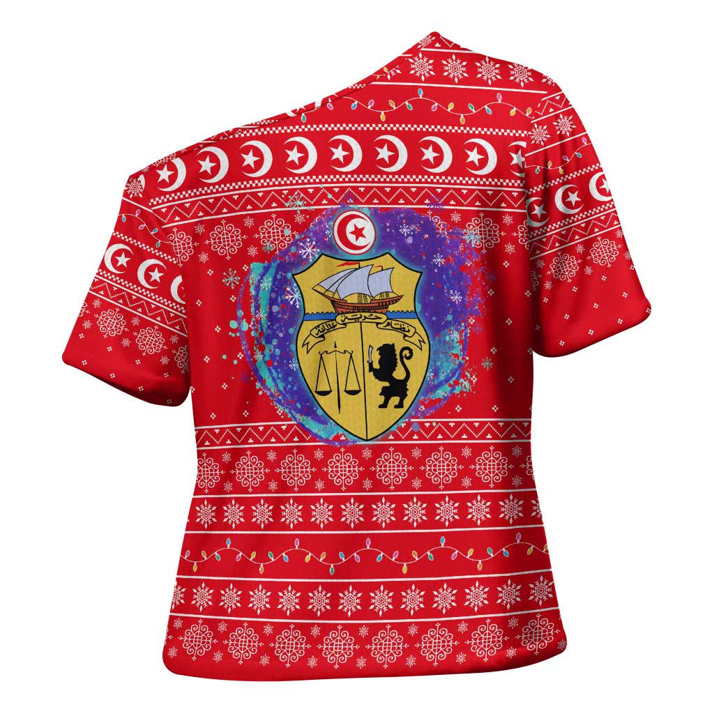 Tunisia Christmas Cross Shoulder Shirt with Desert Camel Crescent Snowflake Pattern and National Emblem - Wonder Print Shop