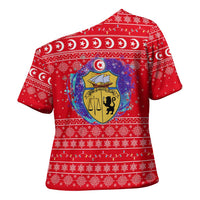 Tunisia Christmas Cross Shoulder Shirt with Desert Camel Crescent Snowflake Pattern and National Emblem - Wonder Print Shop