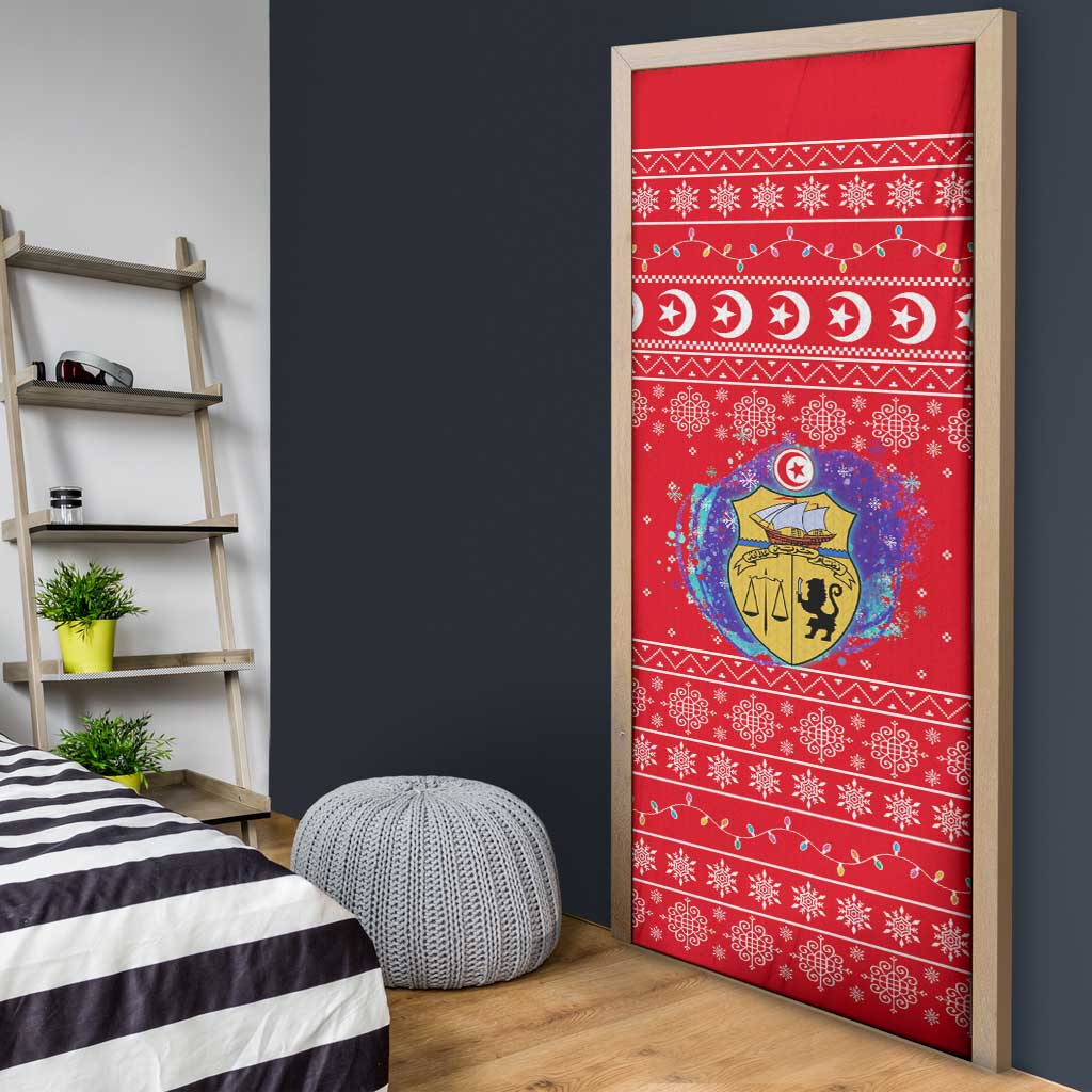 Tunisia Christmas Door Cover with Desert Camel Crescent Snowflake Pattern and National Emblem - Wonder Print Shop