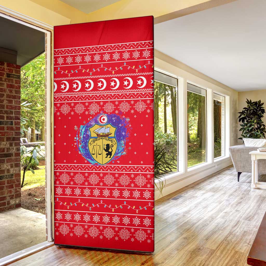 Tunisia Christmas Door Cover with Desert Camel Crescent Snowflake Pattern and National Emblem - Wonder Print Shop