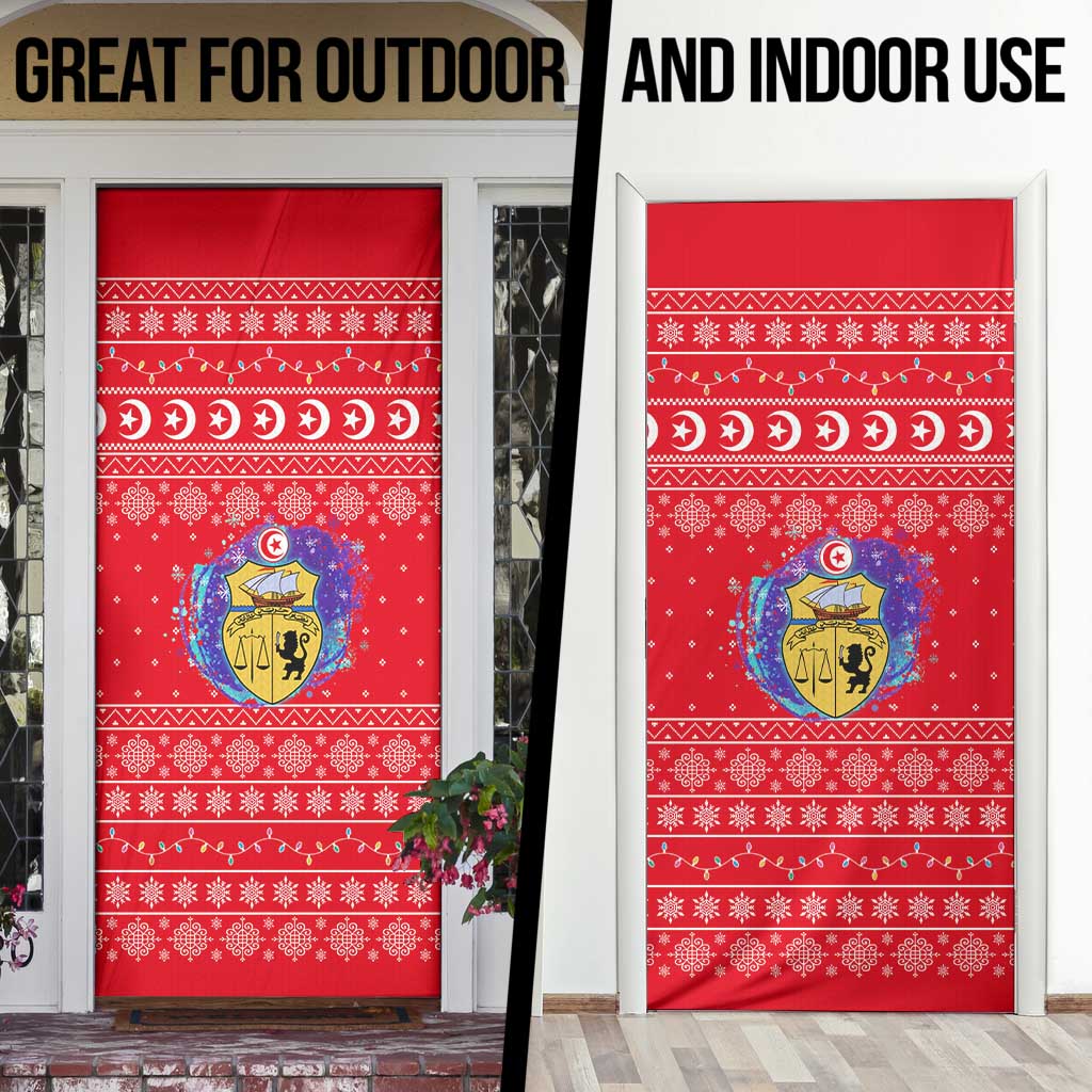 Tunisia Christmas Door Cover with Desert Camel Crescent Snowflake Pattern and National Emblem - Wonder Print Shop
