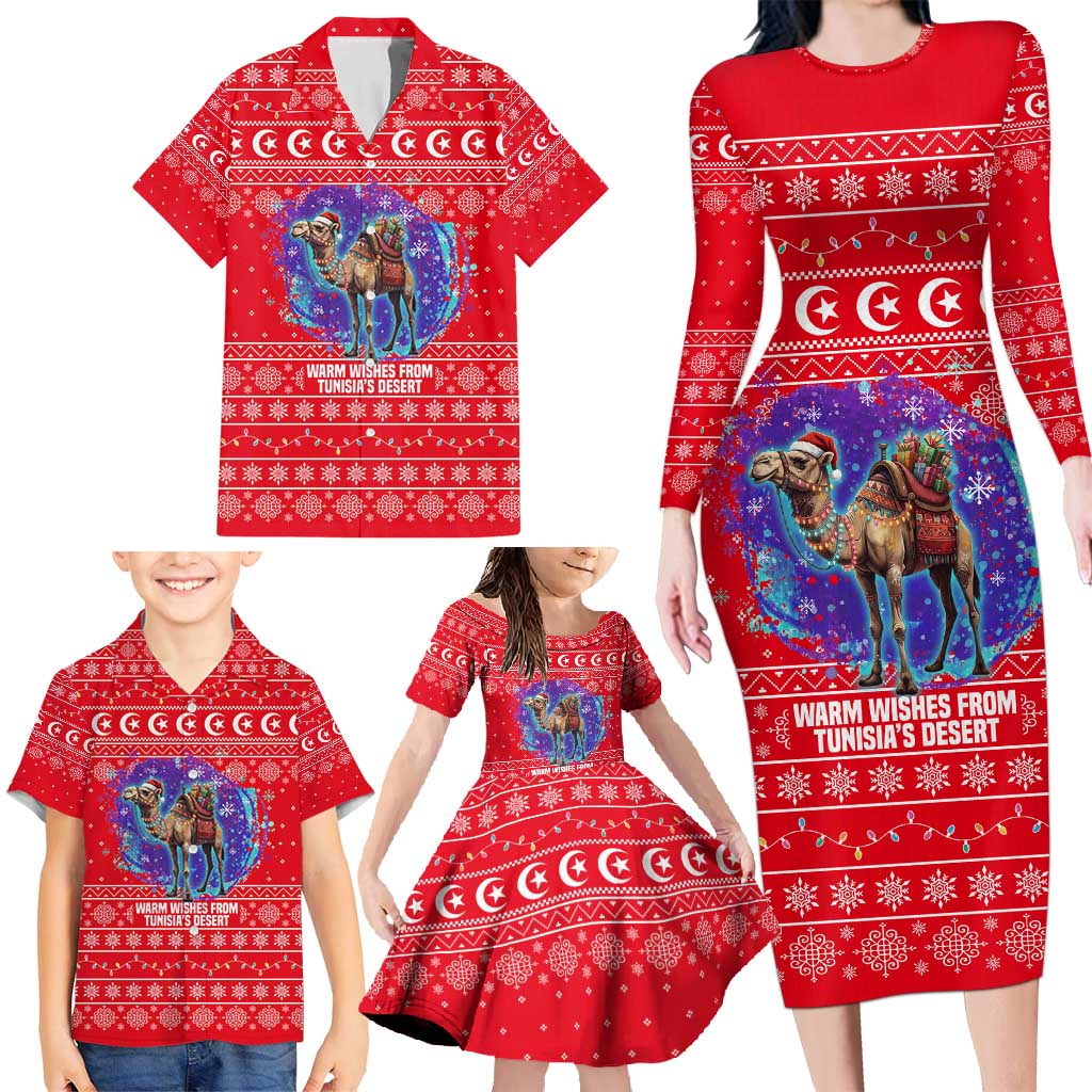Tunisia Christmas Family Matching Long Sleeve Bodycon Dress and Hawaiian Shirt with Desert Camel Crescent Snowflake Pattern and National Emblem - Wonder Print Shop