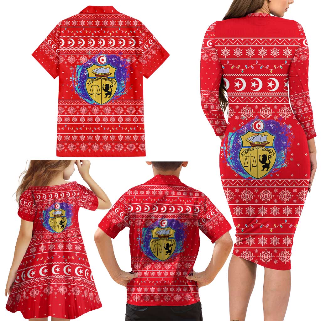 Tunisia Christmas Family Matching Long Sleeve Bodycon Dress and Hawaiian Shirt with Desert Camel Crescent Snowflake Pattern and National Emblem - Wonder Print Shop