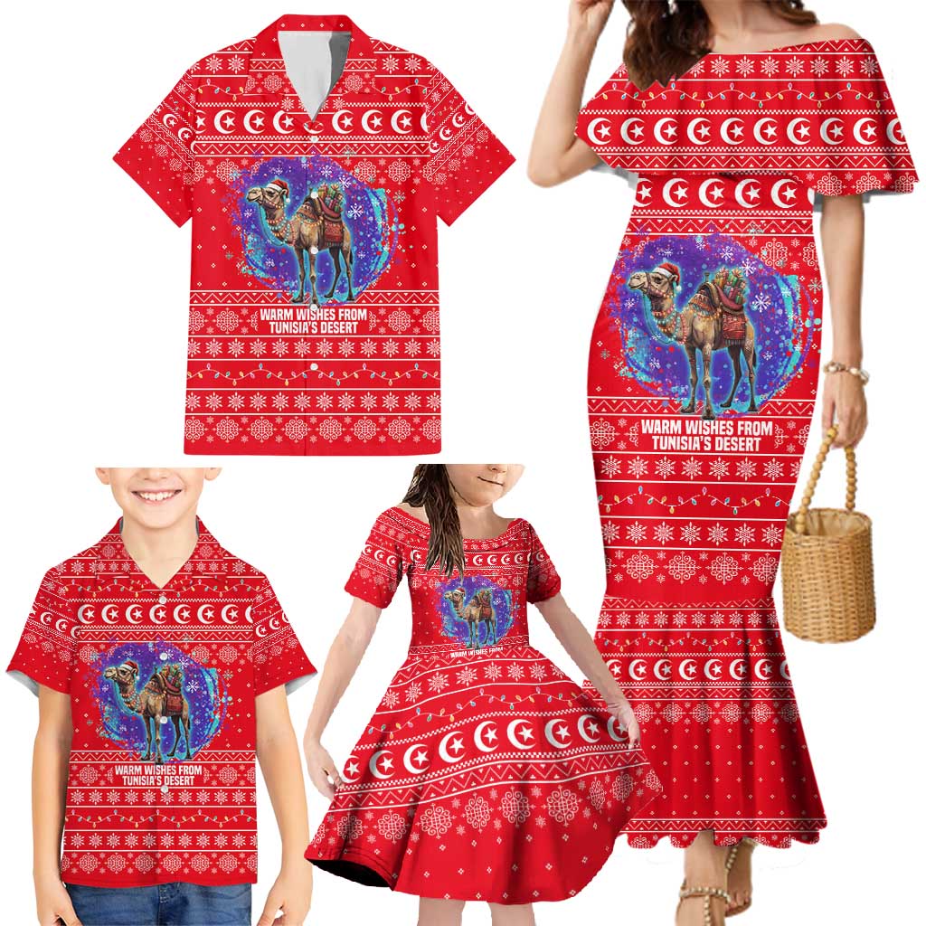 Tunisia Christmas Family Matching Mermaid Dress and Hawaiian Shirt with Desert Camel Crescent Snowflake Pattern and National Emblem - Wonder Print Shop