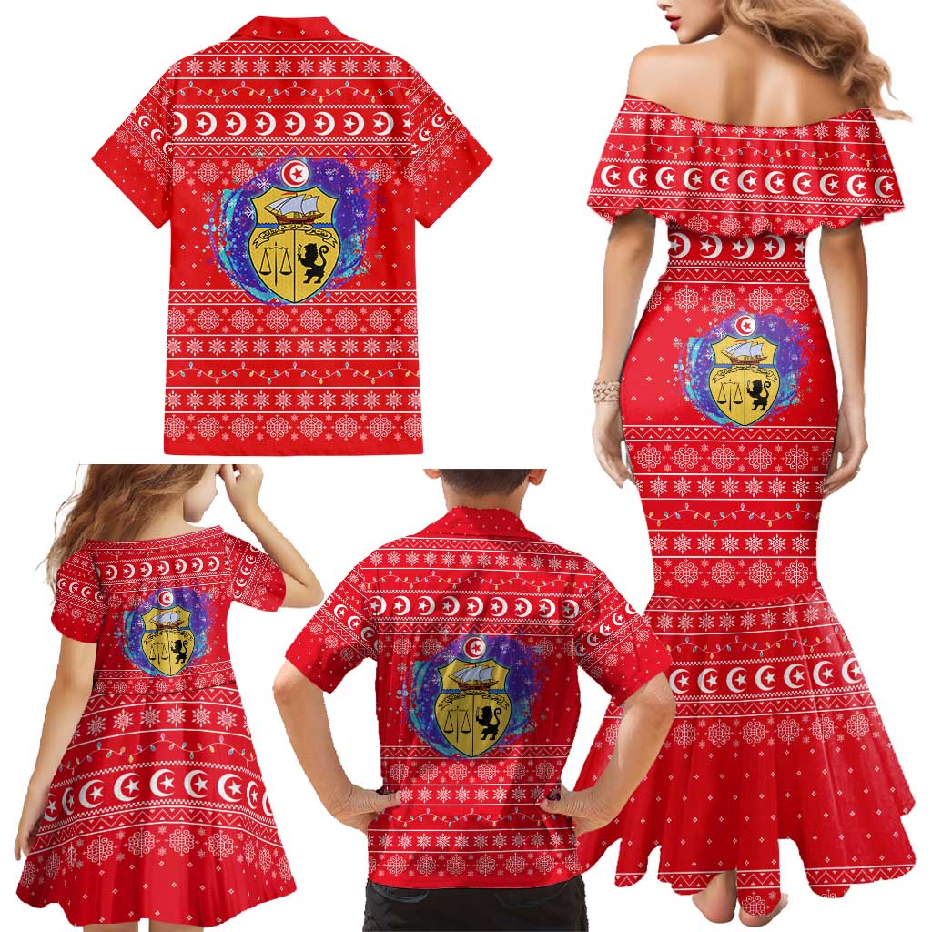 Tunisia Christmas Family Matching Mermaid Dress and Hawaiian Shirt with Desert Camel Crescent Snowflake Pattern and National Emblem - Wonder Print Shop