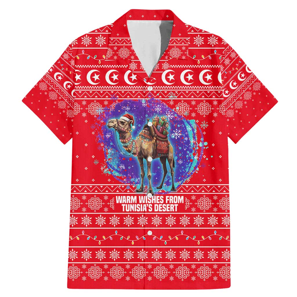 Tunisia Christmas Family Matching Mermaid Dress and Hawaiian Shirt with Desert Camel Crescent Snowflake Pattern and National Emblem - Wonder Print Shop
