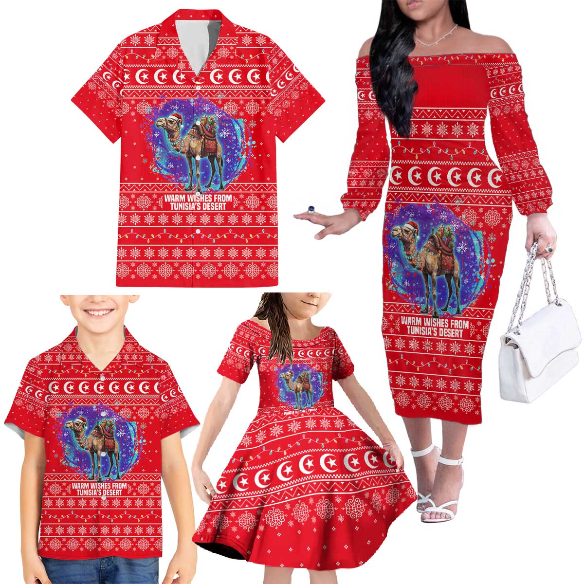 Tunisia Christmas Family Matching Off The Shoulder Long Sleeve Dress and Hawaiian Shirt with Desert Camel Crescent Snowflake Pattern and National Emblem - Wonder Print Shop