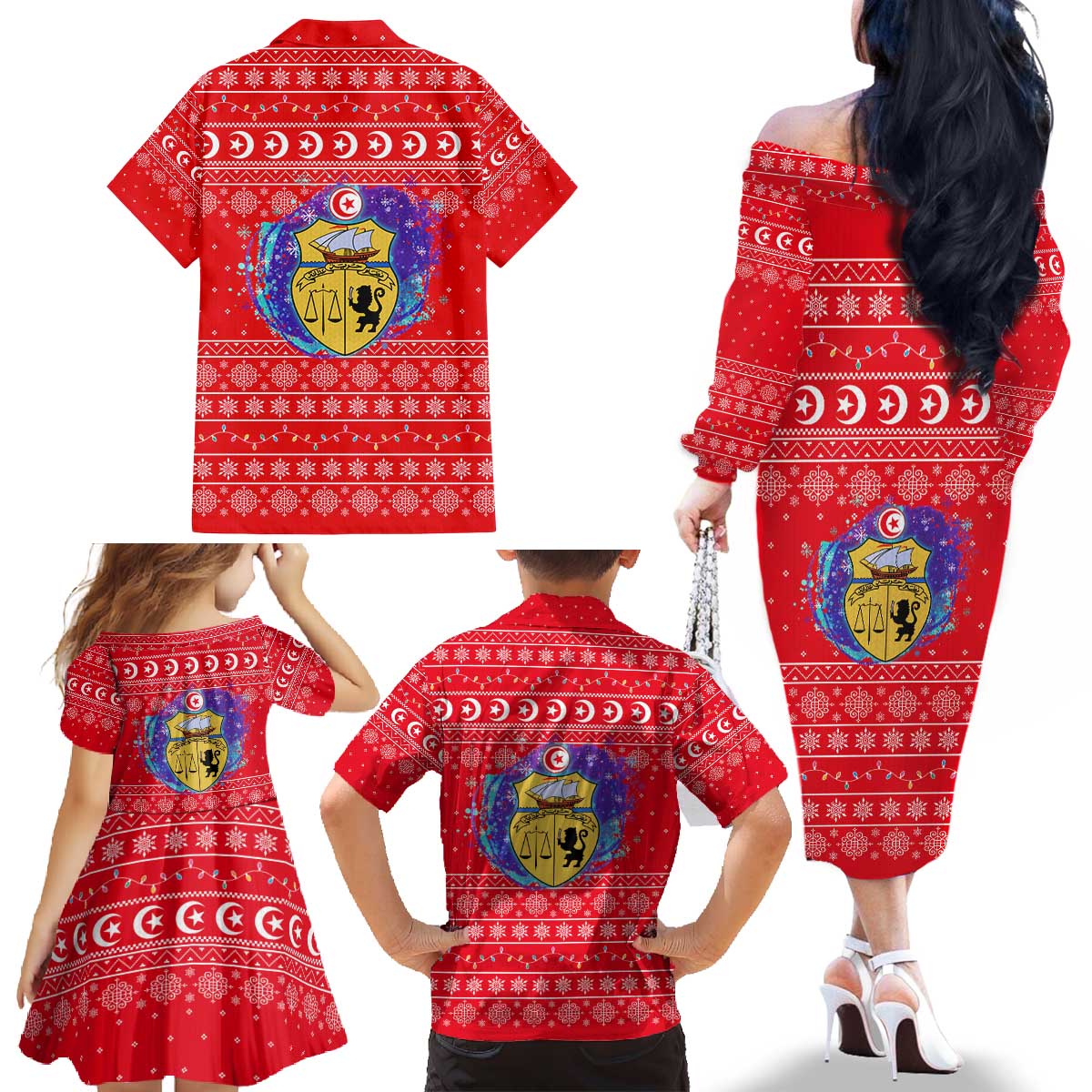 Tunisia Christmas Family Matching Off The Shoulder Long Sleeve Dress and Hawaiian Shirt with Desert Camel Crescent Snowflake Pattern and National Emblem - Wonder Print Shop