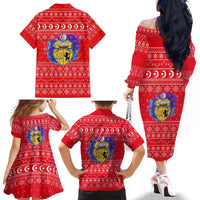 Tunisia Christmas Family Matching Off The Shoulder Long Sleeve Dress and Hawaiian Shirt with Desert Camel Crescent Snowflake Pattern and National Emblem - Wonder Print Shop