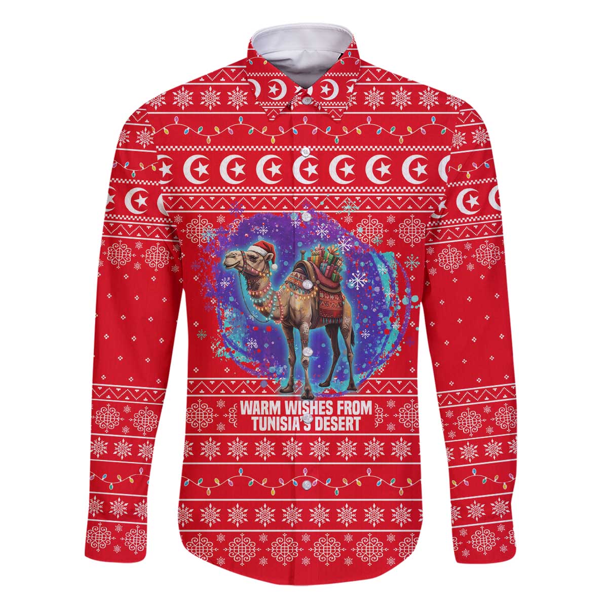 Tunisia Christmas Family Matching Off The Shoulder Long Sleeve Dress and Hawaiian Shirt with Desert Camel Crescent Snowflake Pattern and National Emblem - Wonder Print Shop
