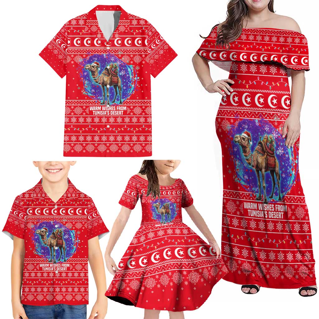 Tunisia Christmas Family Matching Off Shoulder Maxi Dress and Hawaiian Shirt with Desert Camel Crescent Snowflake Pattern and National Emblem - Wonder Print Shop