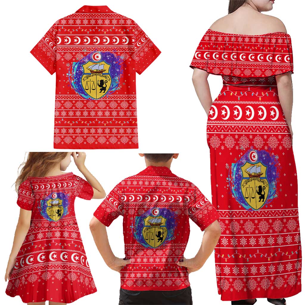 Tunisia Christmas Family Matching Off Shoulder Maxi Dress and Hawaiian Shirt with Desert Camel Crescent Snowflake Pattern and National Emblem - Wonder Print Shop