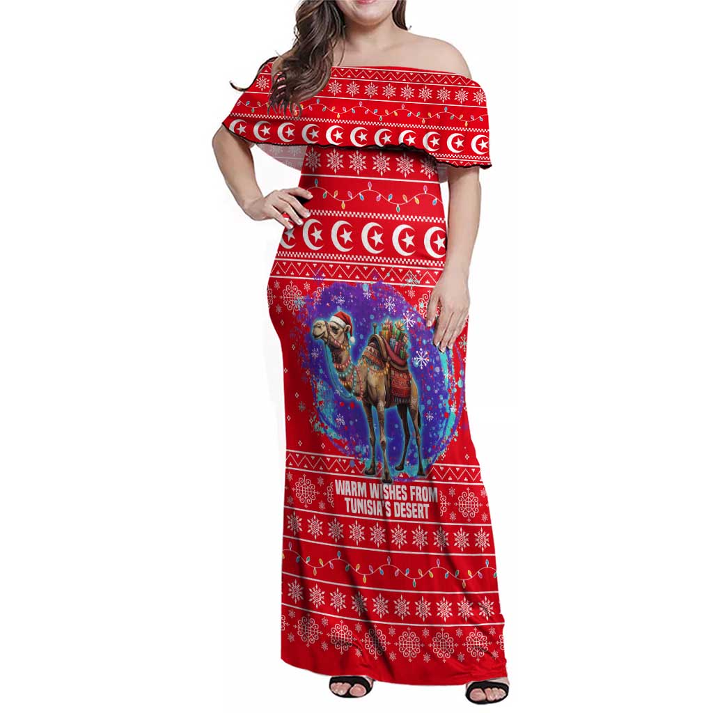 Tunisia Christmas Family Matching Off Shoulder Maxi Dress and Hawaiian Shirt with Desert Camel Crescent Snowflake Pattern and National Emblem - Wonder Print Shop