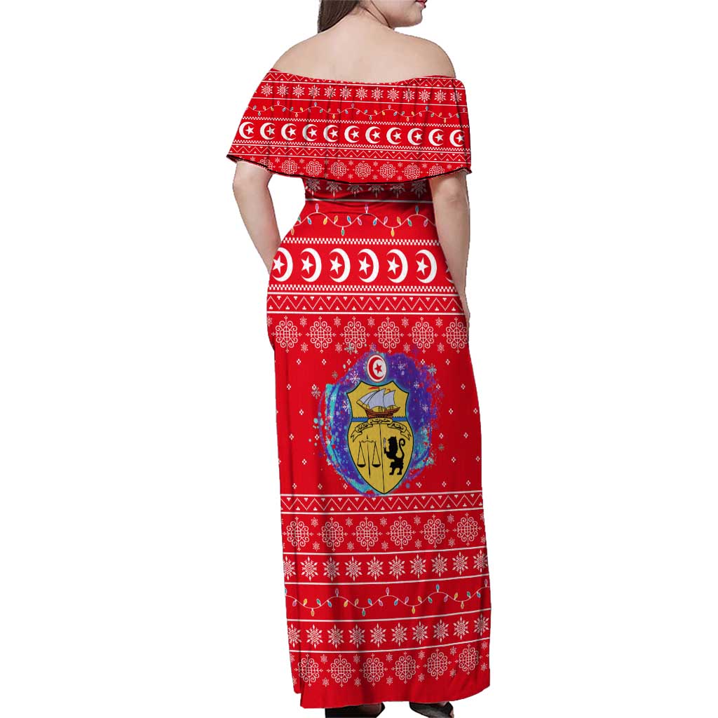 Tunisia Christmas Family Matching Off Shoulder Maxi Dress and Hawaiian Shirt with Desert Camel Crescent Snowflake Pattern and National Emblem - Wonder Print Shop