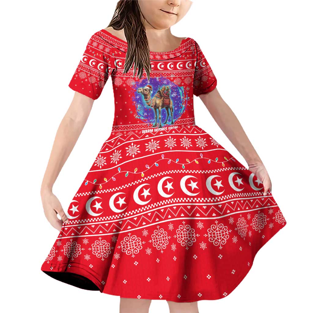 Tunisia Christmas Family Matching Off Shoulder Short Dress and Hawaiian Shirt with Desert Camel Crescent Snowflake Pattern and National Emblem - Wonder Print Shop