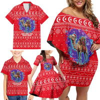 Tunisia Christmas Family Matching Off Shoulder Short Dress and Hawaiian Shirt with Desert Camel Crescent Snowflake Pattern and National Emblem - Wonder Print Shop