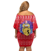 Tunisia Christmas Family Matching Off Shoulder Short Dress and Hawaiian Shirt with Desert Camel Crescent Snowflake Pattern and National Emblem - Wonder Print Shop
